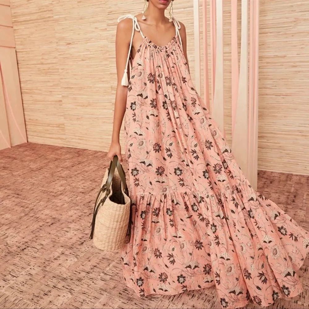 ULLA JOHNSON Cari Shoulder-Tie Maxi Beach Dress Primrose Medium MSRP $445